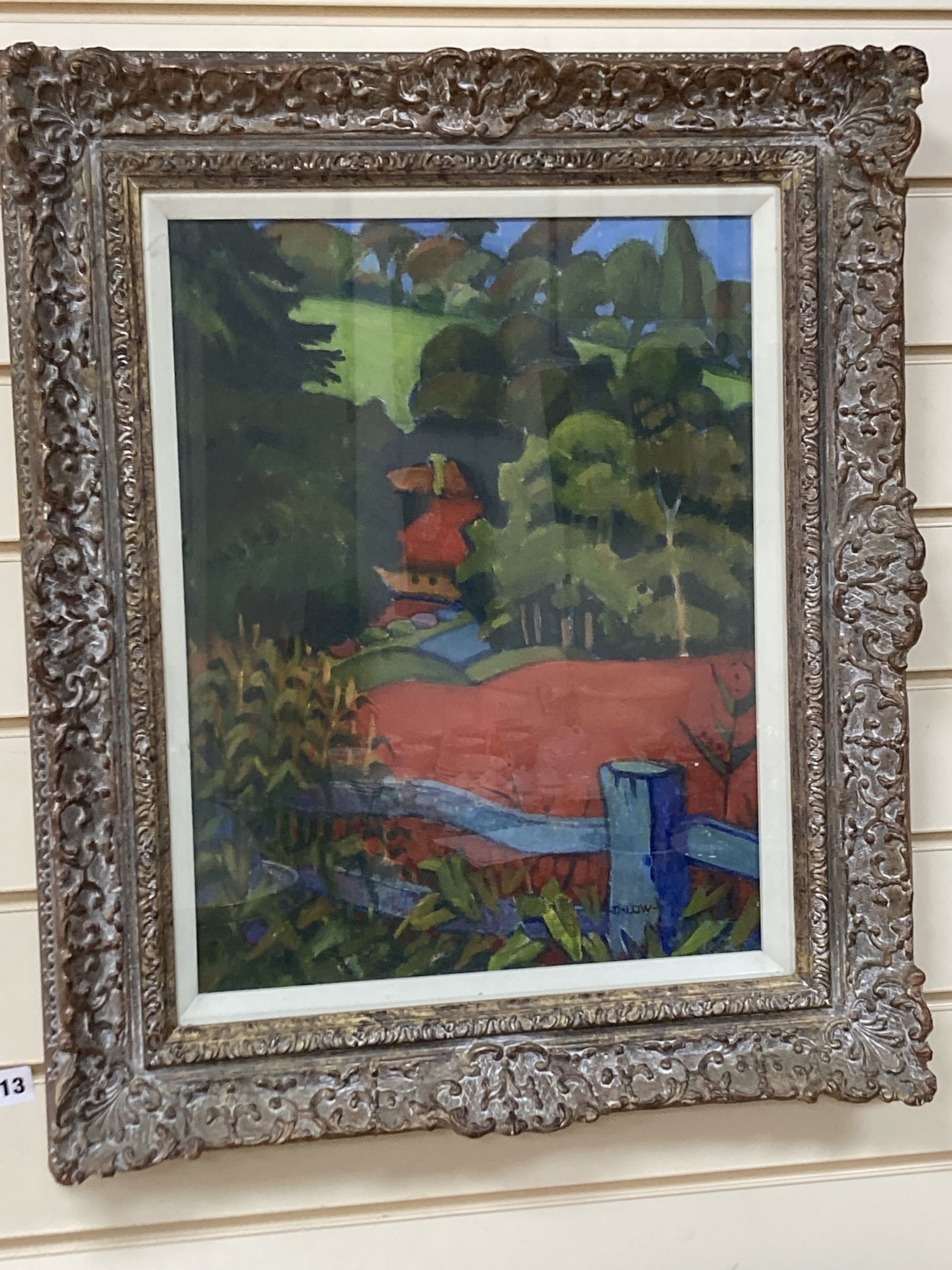 Diana Low (1911-1975), oil on canvas board, Landscape with red field, signed, 44 x 34cm